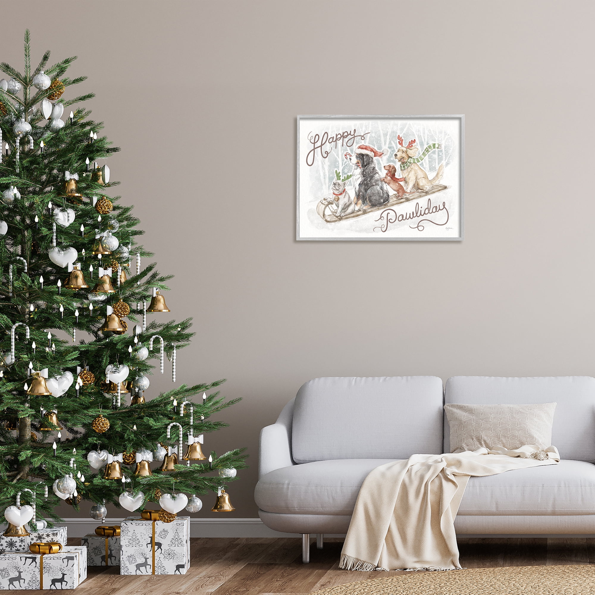 Stupell Industries Happy Pawliday Dogs Holiday Painting Gray Framed Art Print Wall Art, 30 x 24