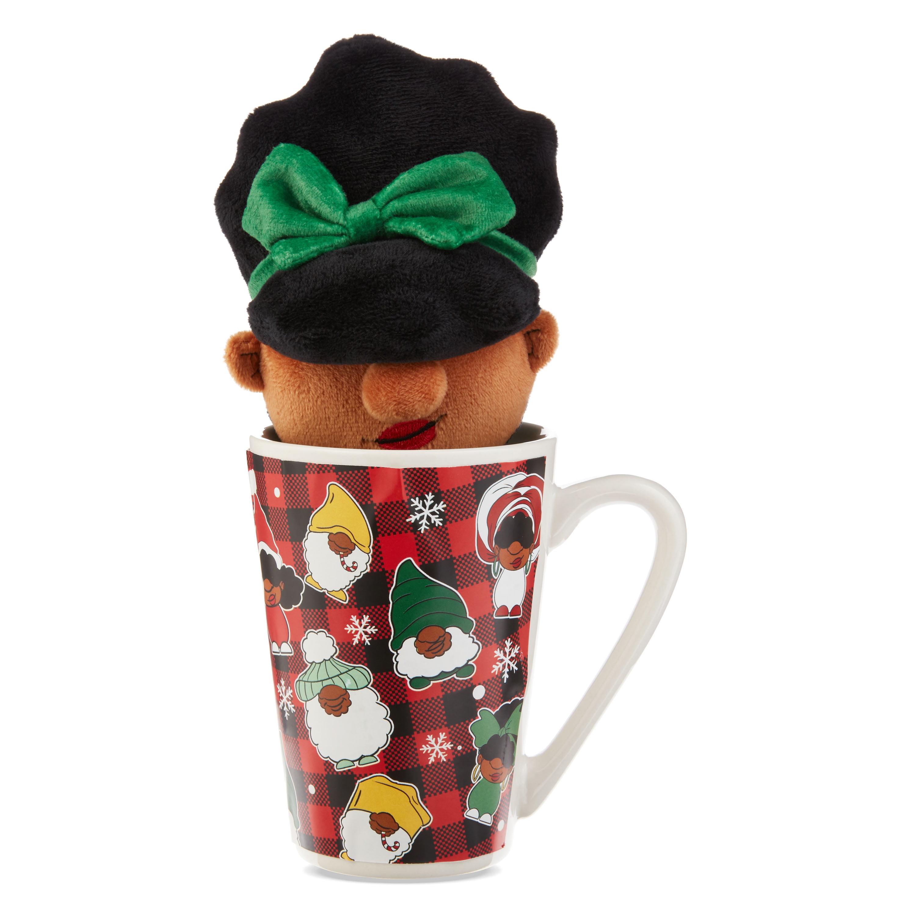 Black Paper Party Lady Gnome 7 inch Holiday Plush With A 15 Ounce Ceramic Latte Mug, Multi Color, Green