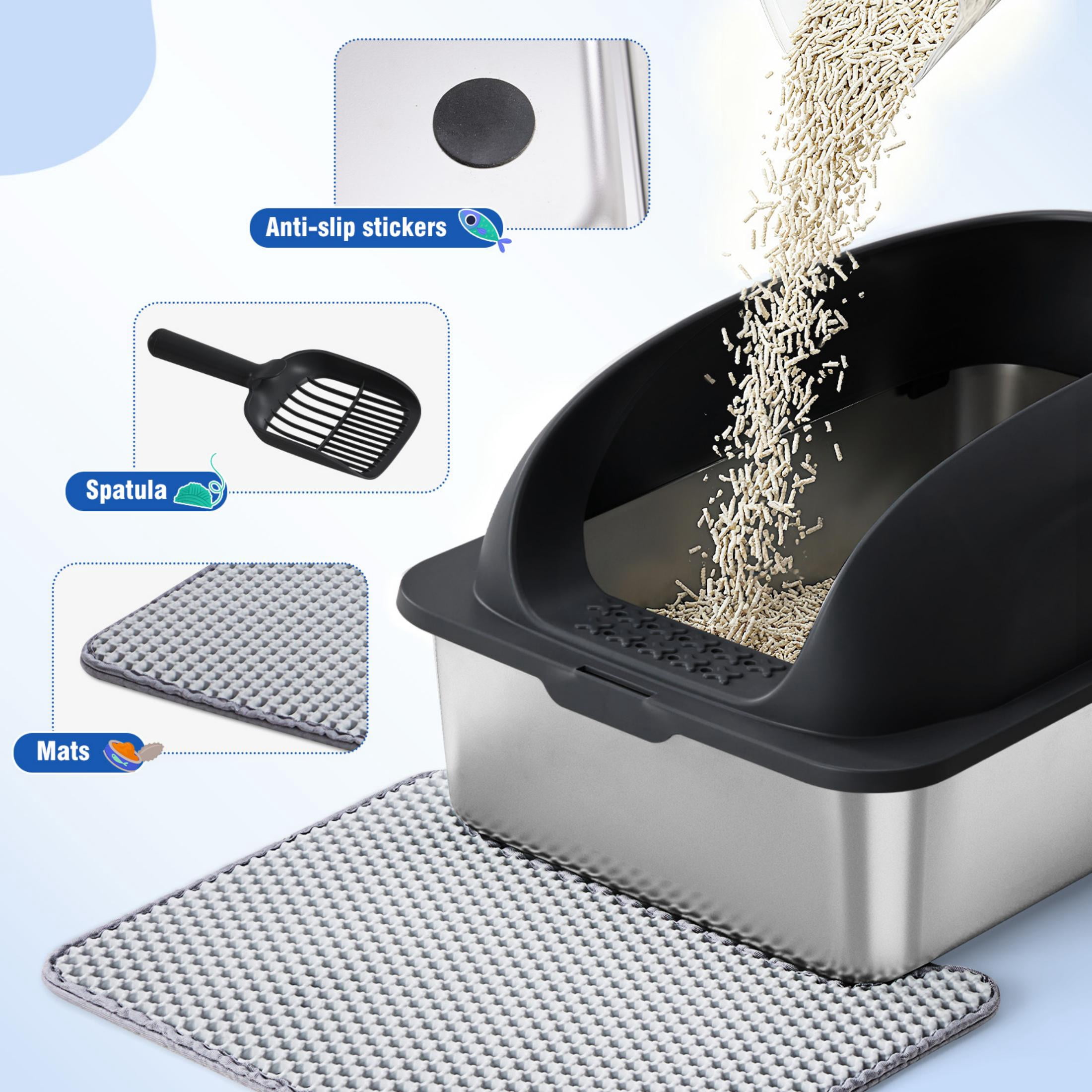 EDX Stainless Steel Cat Litter Box with Lid, XL Extra Large Cat Litter Box for Big Cats, High Wall Sides, Never Absorbs Odors, Anti-Urine Leakage, Easy Cleaning, Scoop and Mat Included, Black