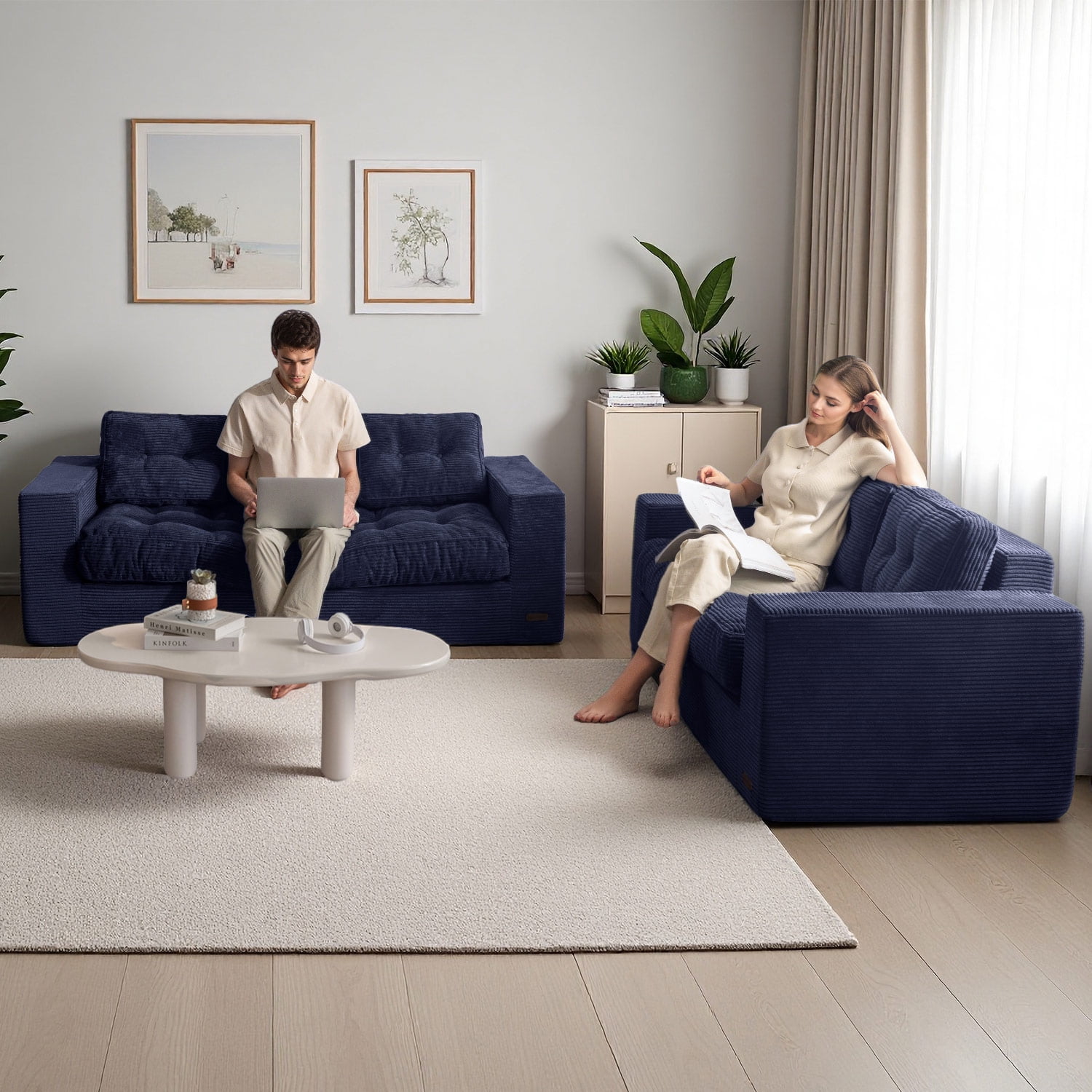 BYBYME 3 Seater Couch with Tufted Cushion & Backrest,Corduroy Floor Sofa with Armrests for Living Room Bedroom Office,Sofa in A Box,No Assembly Required,Navy