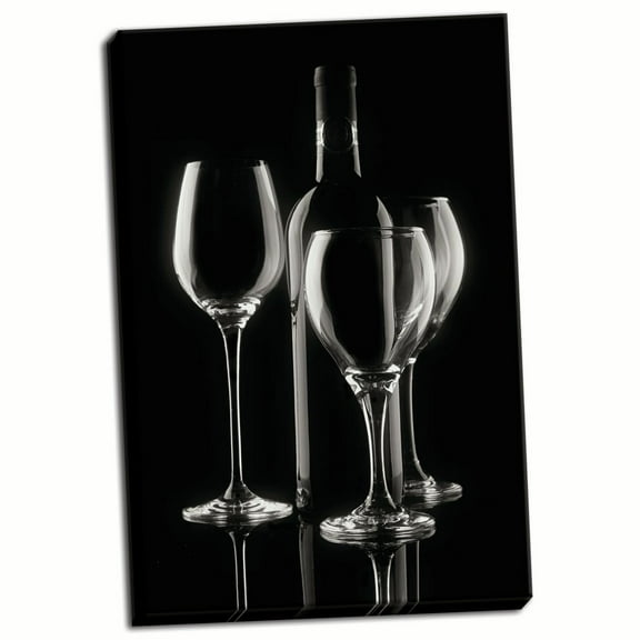 Black and White Wine Bottle & Glasses Adult Decor; 1 - 24" x 36" Stretched Canvas