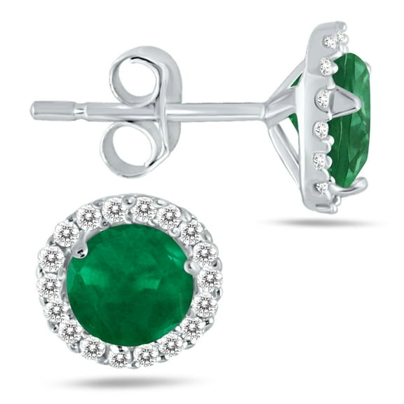 SZUL Women's 5MM Emerald and Genuine Diamond Stud Earrings in 14K White Gold