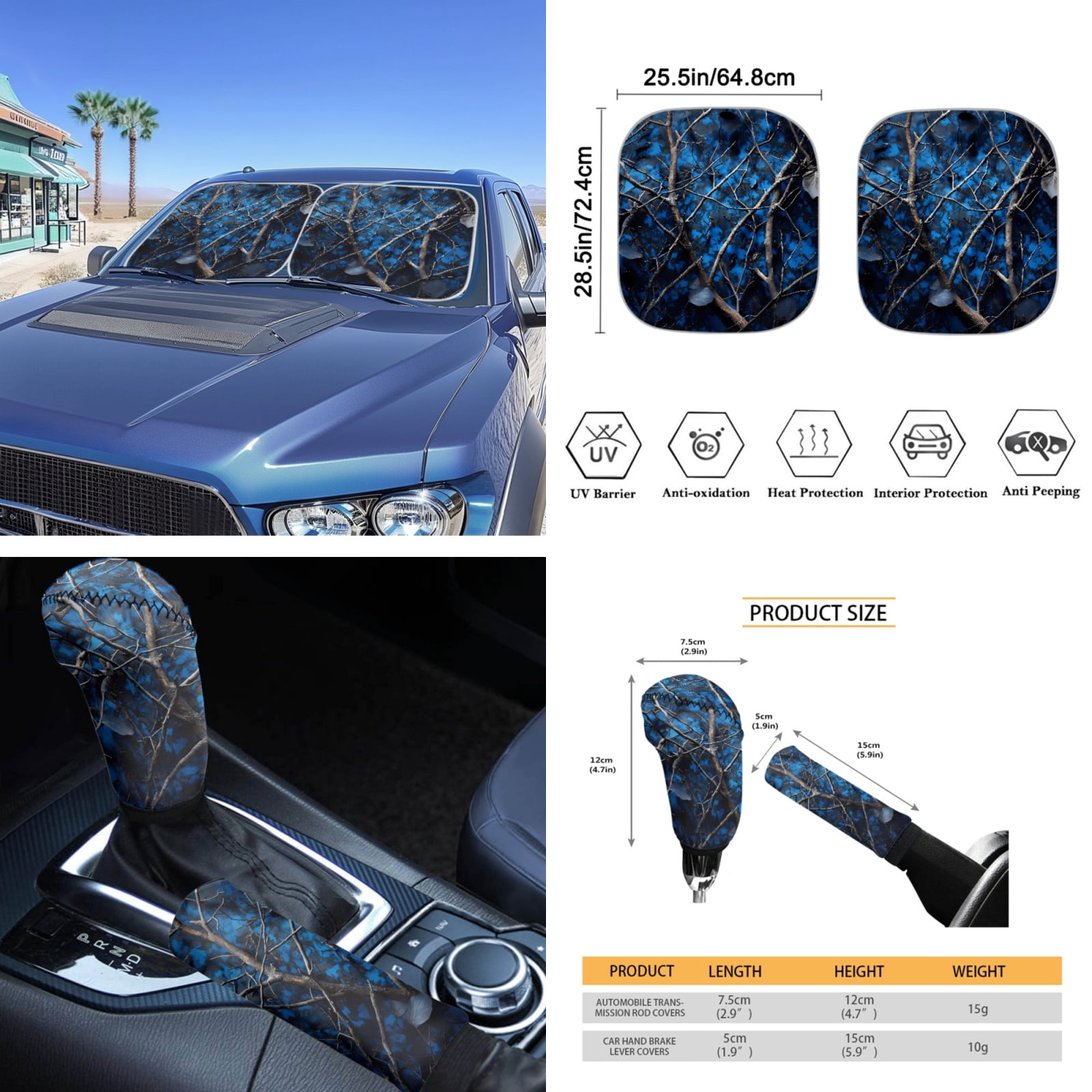 Yuyamidu Camo Hunting Car Seat Covers 16 PCS Blue Wood Steering Wheel Cover Seat Belt Pad Gear Shift Hand Brake Cover Rearview Mirror Cover Coasters Key Chain Sunshade Car Windshield Universal Fit