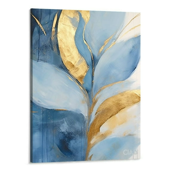 Creowell  Picture of blue and gold leaves floral colorful wall art 16x20 Inch each canvas stretched on