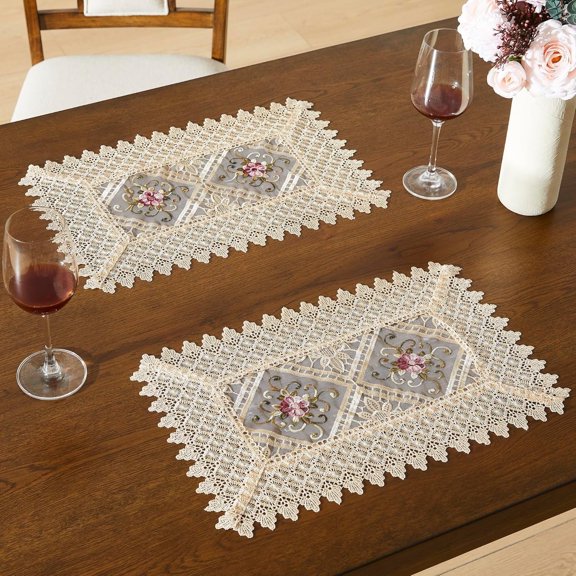 Lace Placemats Set of 2. 18 Inch Crochet Doilies are Embroidered with Intricate Flower Design. VTP Linen 18