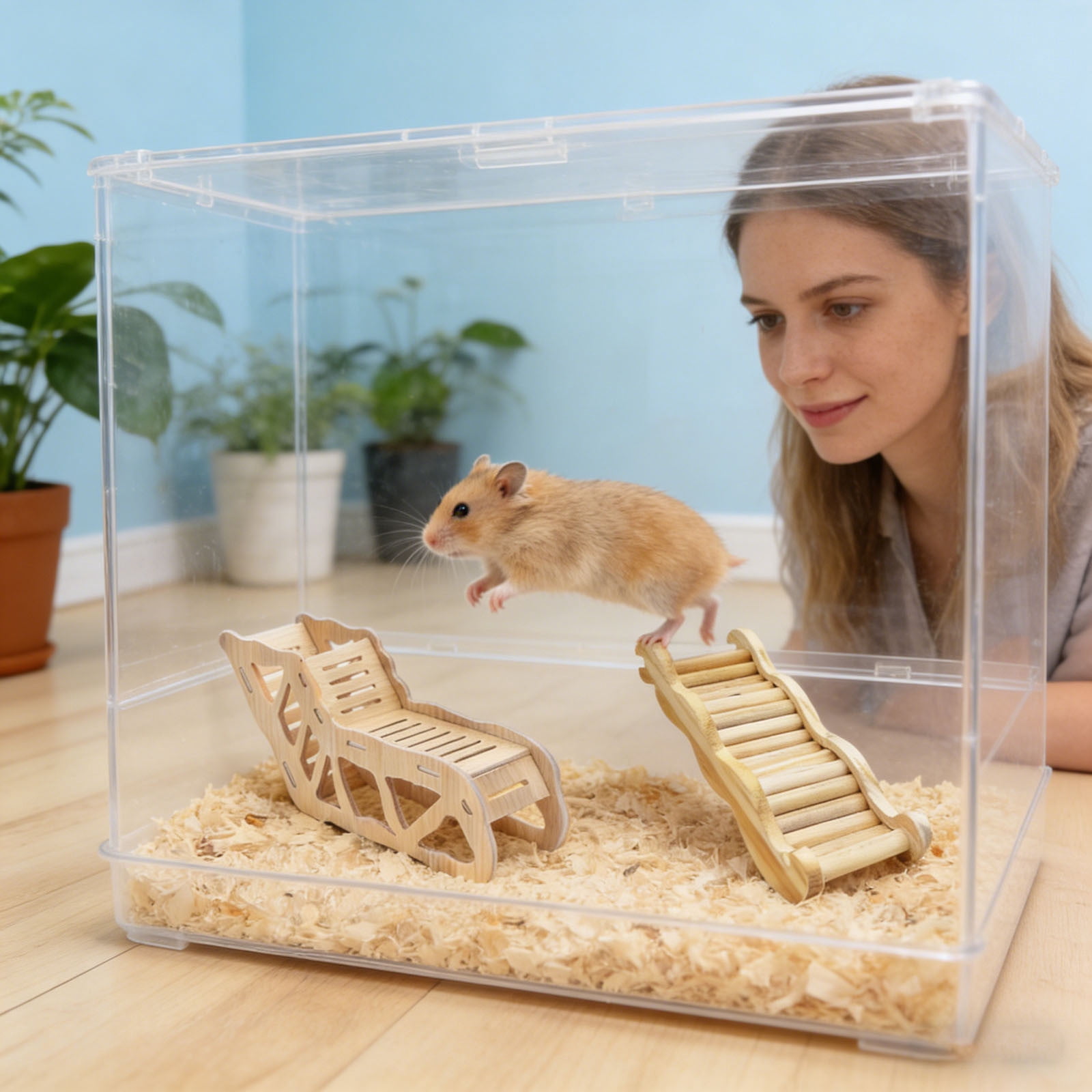 Hamster Playground Wooden Cage Set with Ladder Tunnel Shelter for Gerbils Mice Small Animals Squirrels Indoor Interactive Toy 4PCS