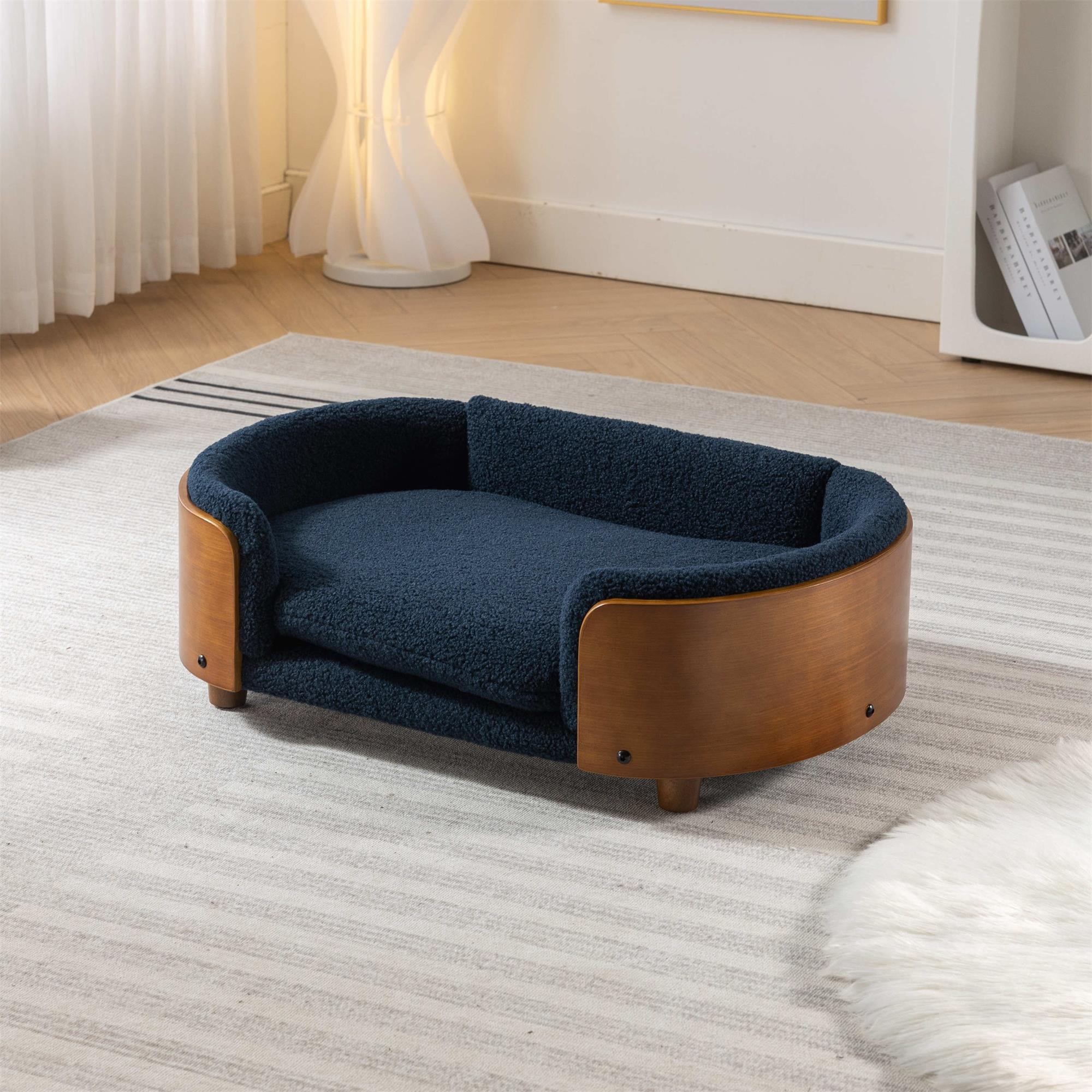 Pefilos 30" Elevated Pet Dog Bed with Solid Wood Legs and Walnut Bent Wood Back, Cashmere Cushion, Pet Sofa for Indoors Dogs, Dark Blue Pefilos 30" Elevated Pet Dog Bed with Solid Wood Legs and Walnut Bent Wood Back, Cashmere Cushion, Pet Sofa for Indoors Dogs, Dark Blue
