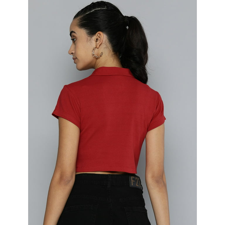HERE&NOW - By Myntra Casual T-Shirts For Women Red Polo Collar Crop Short  Sleeves Solid Cotton Ready to Wear T-shirt Clothing Zip Closure Top