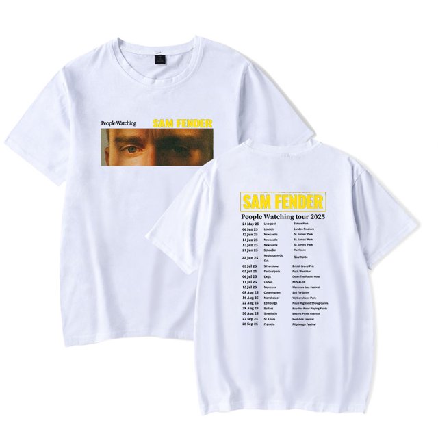 Sam Fender People Watching Tour 2025 Indie Rock Merch T-Shirt Unisexe à Manches Courtes Col Rond - Imprimé Graphique d'Inspiration Rétro Coton Décontracté Mode Urbaine,L,Blanc