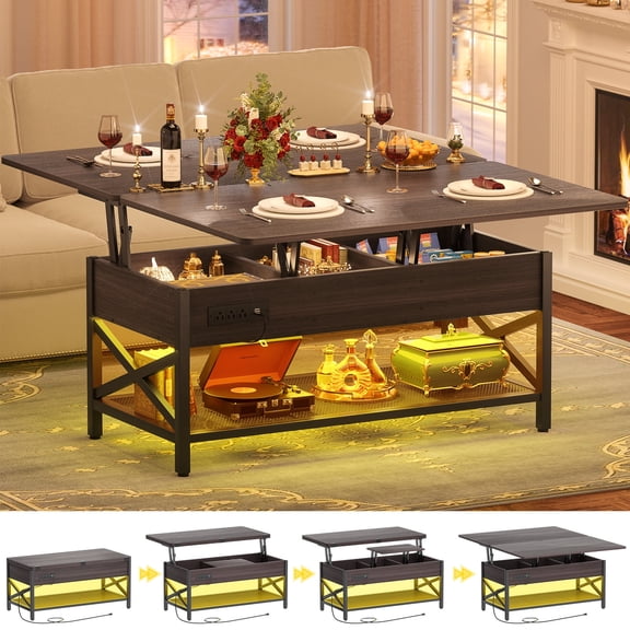Homieasy Adjustable Height Lift-Top Coffee Table with LED Lighting & USB Power Outlet - Convertible Dining Table, Storage Center Table for Living Room, Home Office, Reception Area,Black Walnut