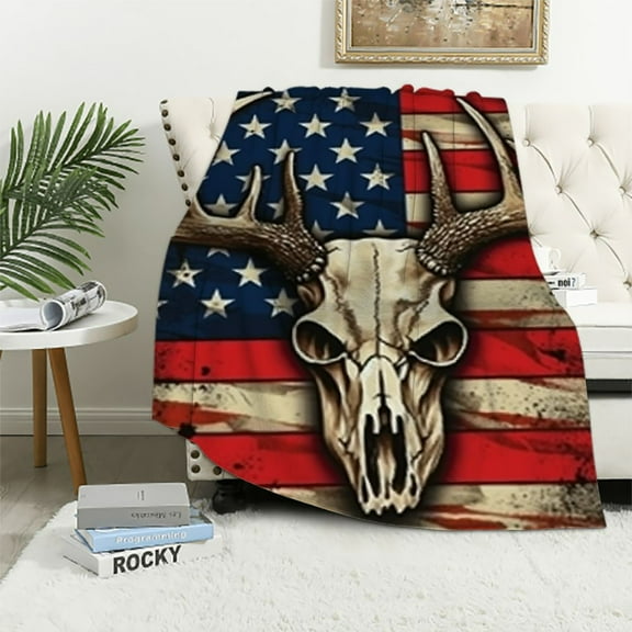 BCIIG Dirty Hunting Camo Camouflage American Flag Deer Skull Full Plush Throw Blankets Fleece Blanket for Couch Bed Warm Throw Blanket for Women Men Gift Living Room Decor 40x50in