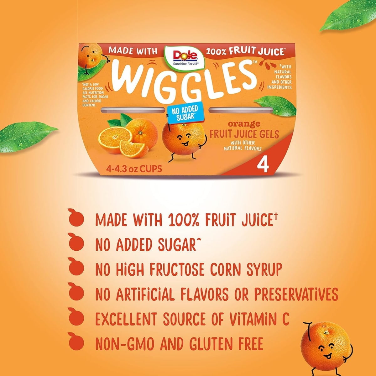(2 pack) Dole Wiggles Orange Fruit Juice Gels, 4.3 oz Cups (4 Pack)