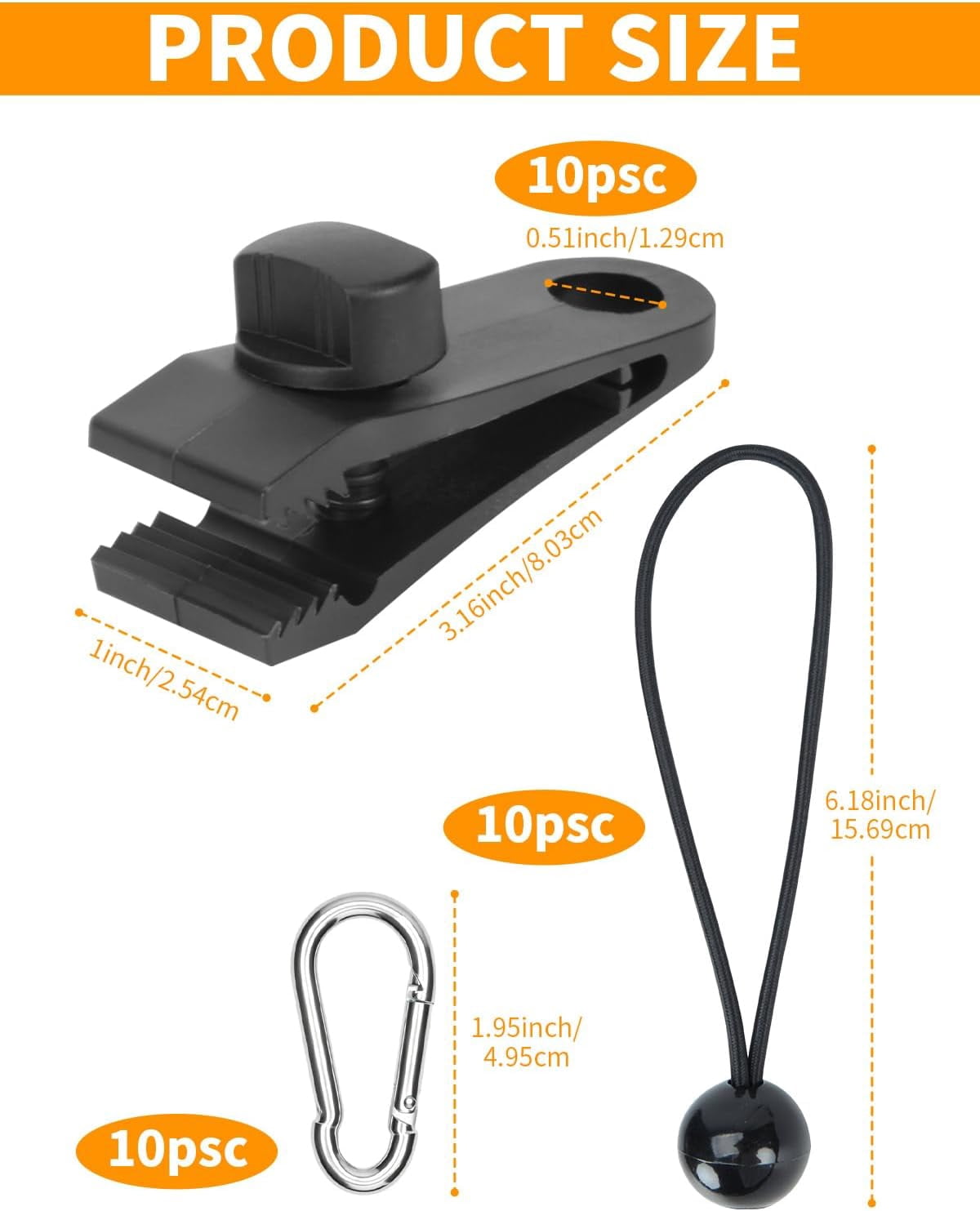 Tarp Clips Heavy Duty Lock Grip, 10 Pack Nylon Tarps Clamps with 10 Carbon Steel Carabiners and 10 Ball Bungee Cords 6 inch, Adjustable Tarp Fasteners for Camping, RV Awning,Pool Cover, Boat Use
