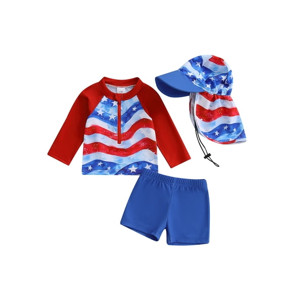 BemeyourBBs Toddler Baby Boy 4th of July Swimsuit with Sun Hat Newborn Infant Boy Bathing Suit Long Sleeve Rash Guard Swimwear Summer Beachwear Stars Print Zipper Top with Swimming Trunks Shorts Set