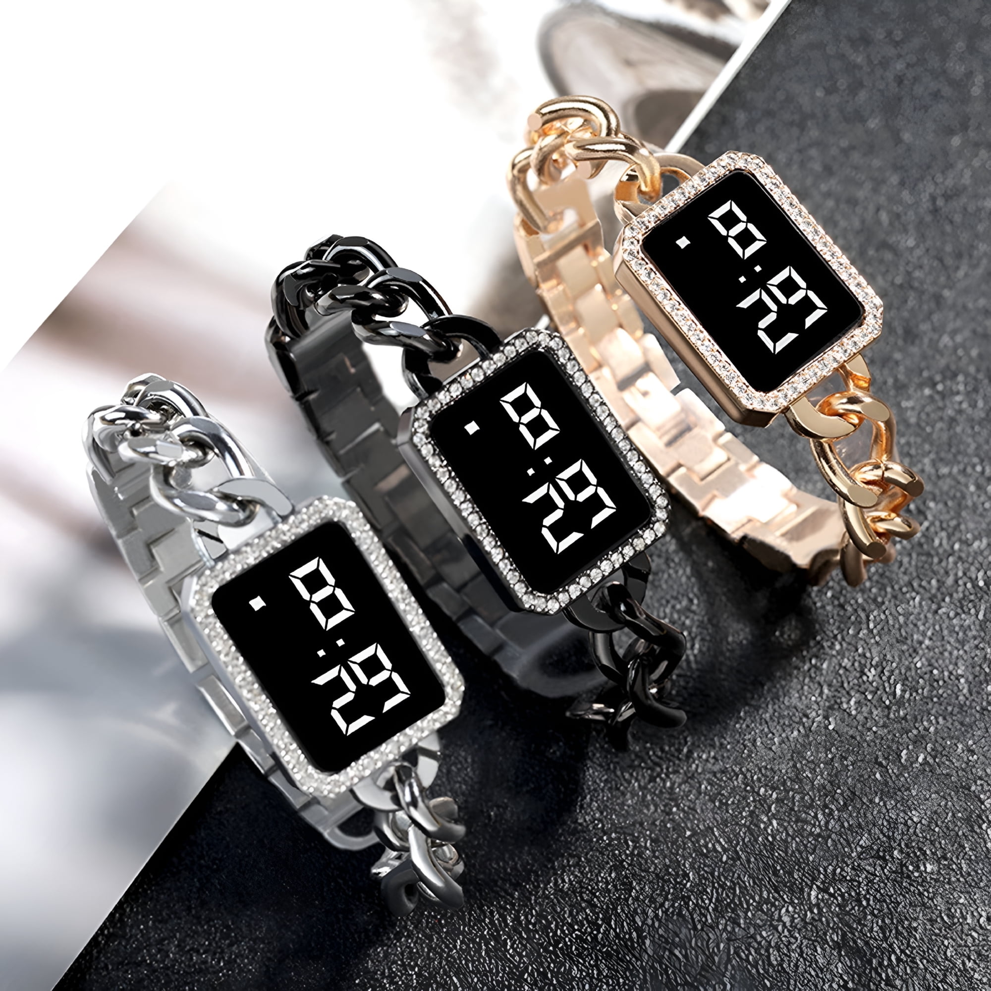 DESIGNICE 2026 New Electronic Watch Multifunctional Life Waterproof Touch Control Women Fashion Square Rhinestone Led Digital Watch for Daily Wear for Work, School, Casual, Outdoor, Fitness