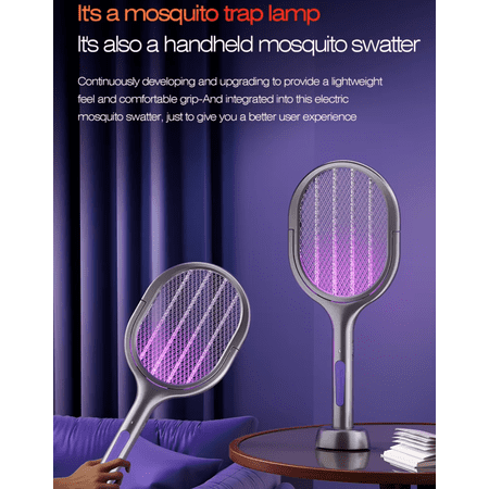 2-Stage Extendable Electric Mosquito Racket – 3-Layer Safety Mesh, Purple Light Mosquito Trap, Rechargeable Bug Zapper Swatter (Up to 109cm)