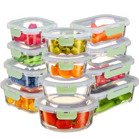 FineDine 24 Pcs Contenants de Rangement en Verre avec Couvercles - Hermétiques, Étanches, Lavables au Lave-Vaisselle, Rangement Alimentaire en Verre