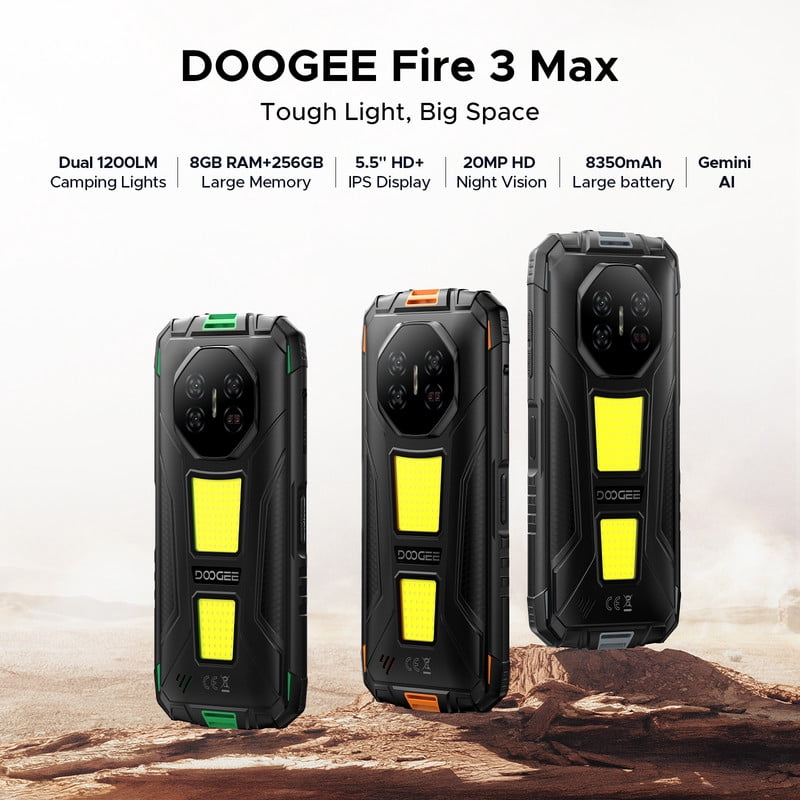 DOOGEE Fire 3 Max Rugged Phone Unlocked, 32GB+256GB/2TB Android 15 Rugged Smartphone, 8350mAh Battery Rugged Cell Phone with 5.5" HD Display, 48MP+20MP Night Vision, 2 Camping Lights, IP68/IP69K/GPS