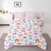 Castle Fairy Kids Children Teens Cartoon Colorful Bowtie Bedding Comforter Set 2pcs,Kawaii Rainbow Twin Comforter Sets Microfiber,Love Heart Print Breathable Bedding Set,Lightweight Room Decor
