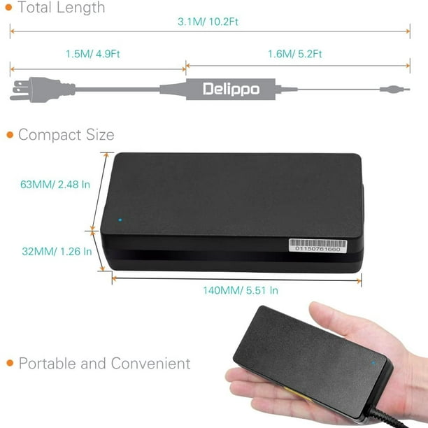 Delippo [UL Listed]10,2ft Extra Long 120W 18.5V 6.5A Ordinateur Portable AC Adaptateur Chargeur pour HP dv6-4000 dv6-6000 dv7-2000