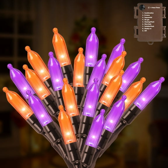 50 LED Orange-Purple Halloween String Lights - 16FT Mini Outdoor Lights with 9 Modes & 6H Timer, Waterproof Battery Operated for Indoor/Outdoor Patio, Garden, Party, Tree Decor