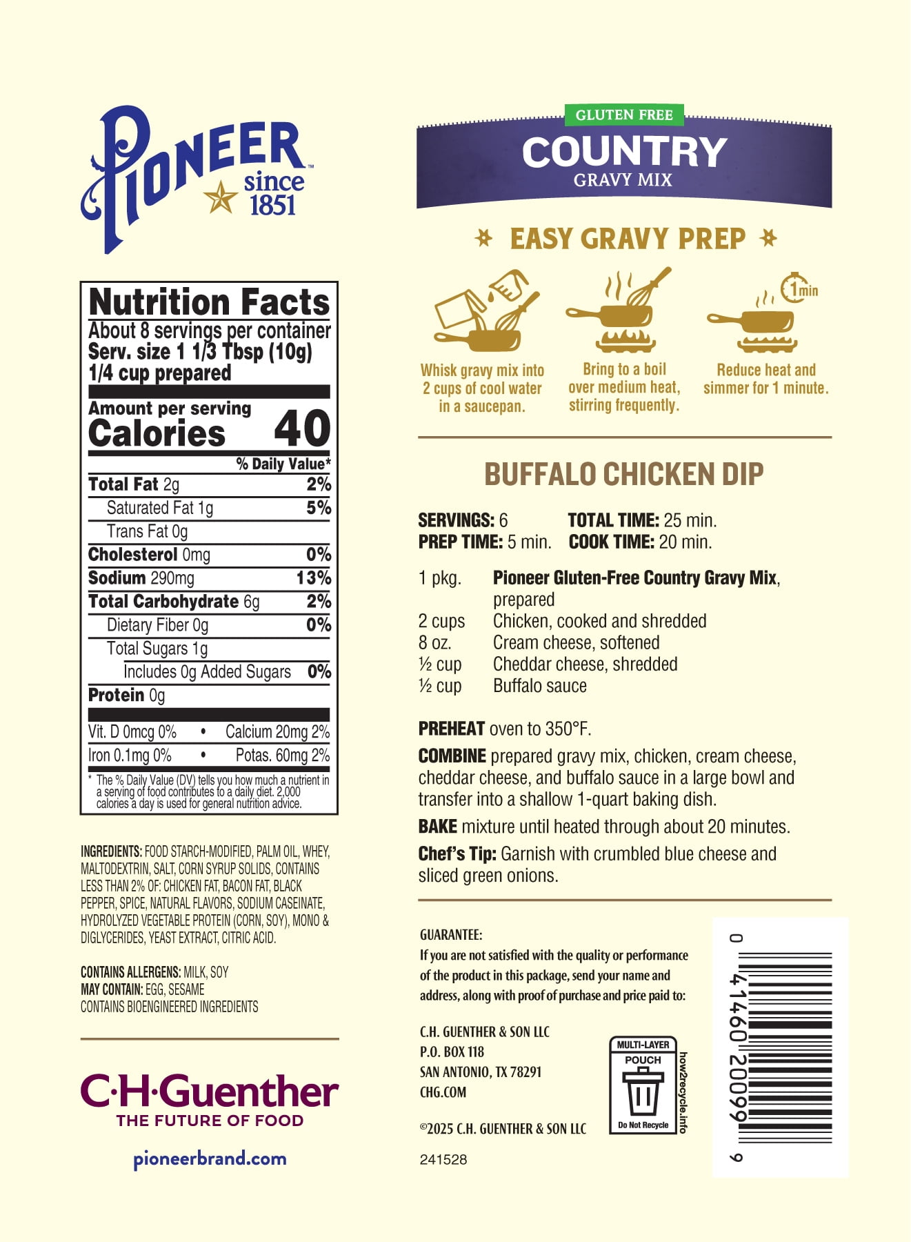 Pioneer Gluten Free Country Gravy Mix, 2.75 oz, Resealable Pouch