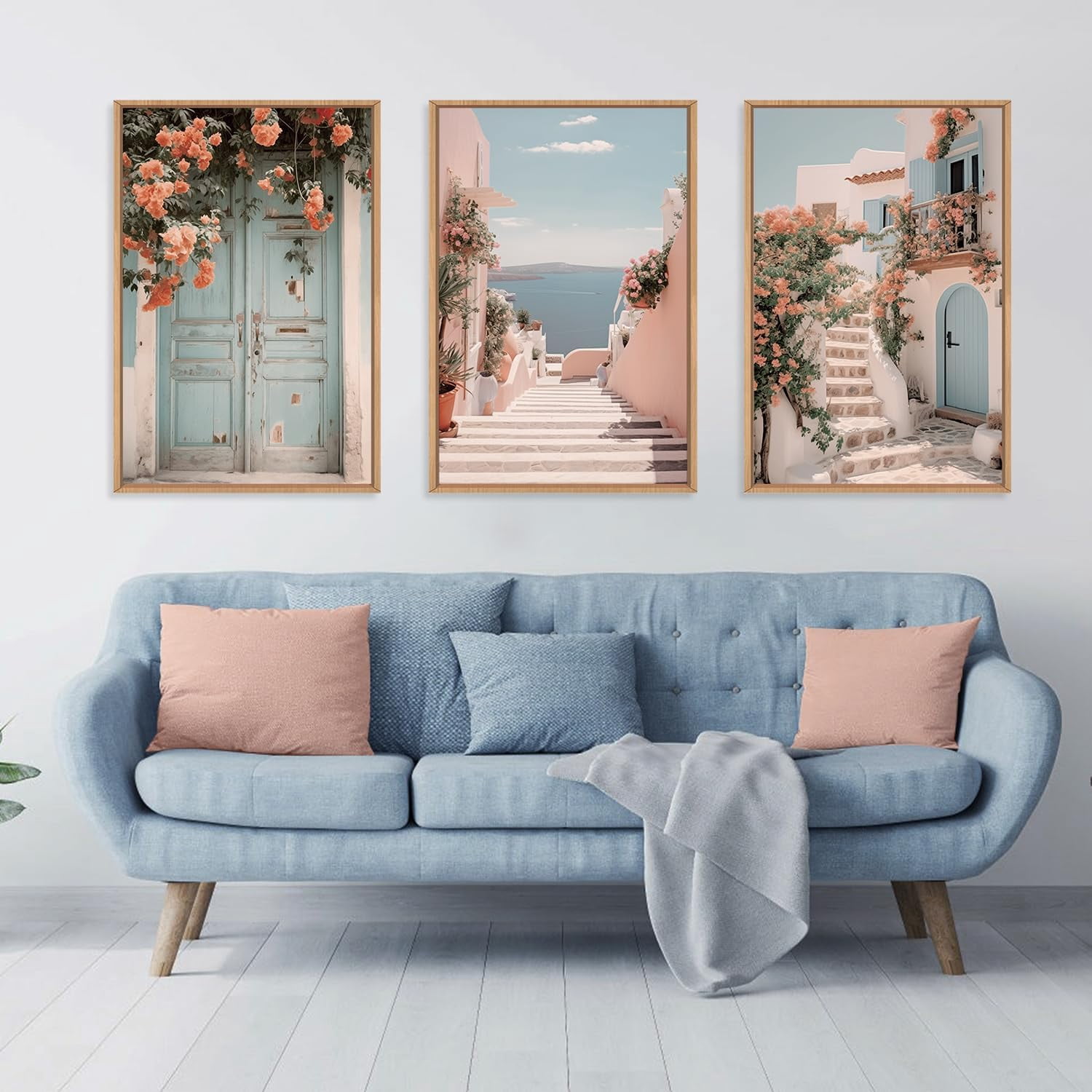 Italy Coast Cityscape Framed Canvas Wall Art Set, Neutral Italian Countryside Wall Decor, Aegean Santorini Landscape Wall Painting, Florida Beach Art Prints for Living Room, Bedroom 16"x24"x3