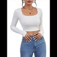 thumbnail image 2 of Tops Cortos de Larga para Mujer, con Cuello Cuadrado Acanalado, Ajustados, Informales, A para Dama S, 2 of 9