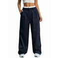thumbnail image 3 of Womens Baggy Wide Leg Pants Casual Stripe Elastic Waisted Palazzo Harem Pants with Pockets Navy Blue M, 3 of 7