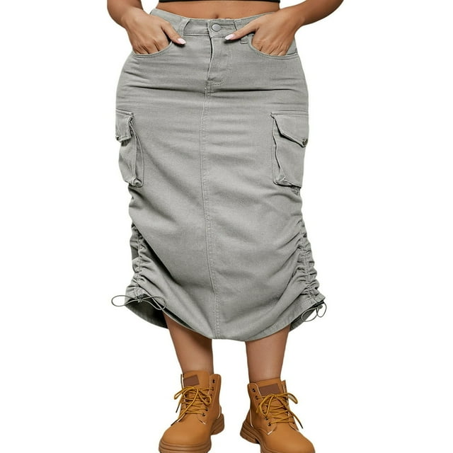 Long Jean Skirts with High Waist and Drawstring for Women Denim Cargo Skirts