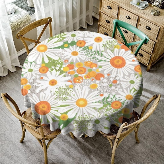 Odenmar Daisy Floral Round Tablecloth 60 Inch, Farmhouse Waterproof Table Cover, Rustic Flower Design for Dining Table, Kitchen, Party Indoor Outdoor