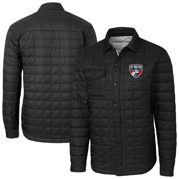 Men's-Cutter & Buck  Black FC Dallas Big & Tall Rainier PrimaLoft Eco Insulated Full-Snap Quilted Shirt Jacket