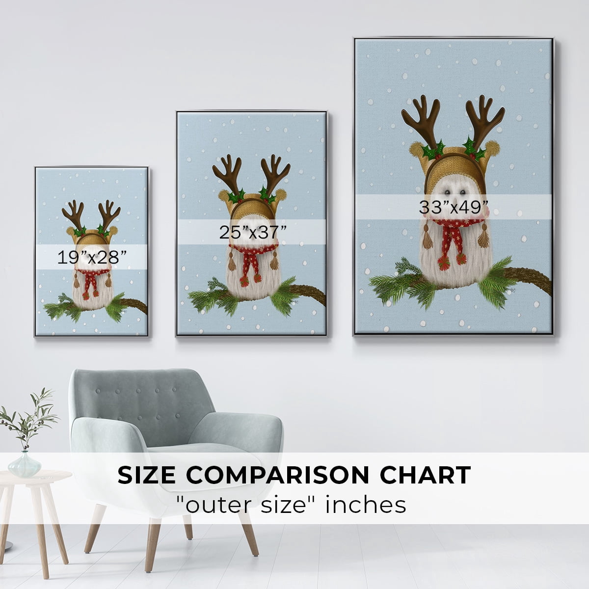 Christmas Fluffy Owl and Antlers - Framed Gallery Wrapped Holiday Canvas - 25 x 37 - Silver Frame