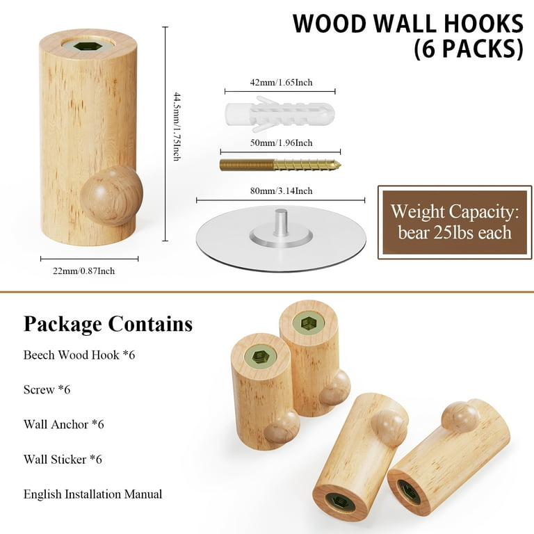Natural Wooden Wall Hooks - Pack of 6 - Wall Mounted Modern Hook