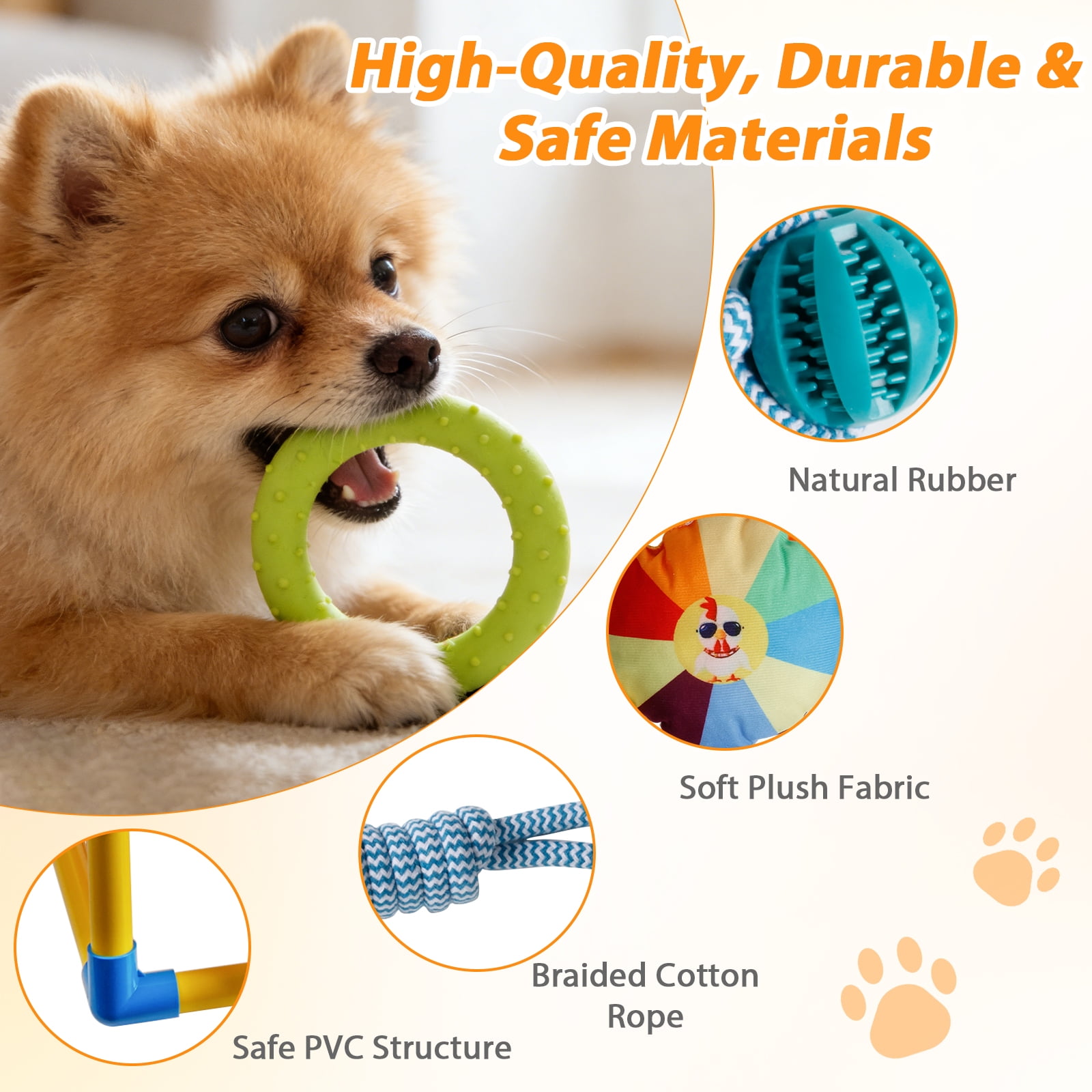 JDNRXO Puppy Play Gym with Hammock - 8 Hanging Toys & Enrichment Center for Small Dogs, Adjustable PVC Indoor Jungle Gym with Bungee Straps