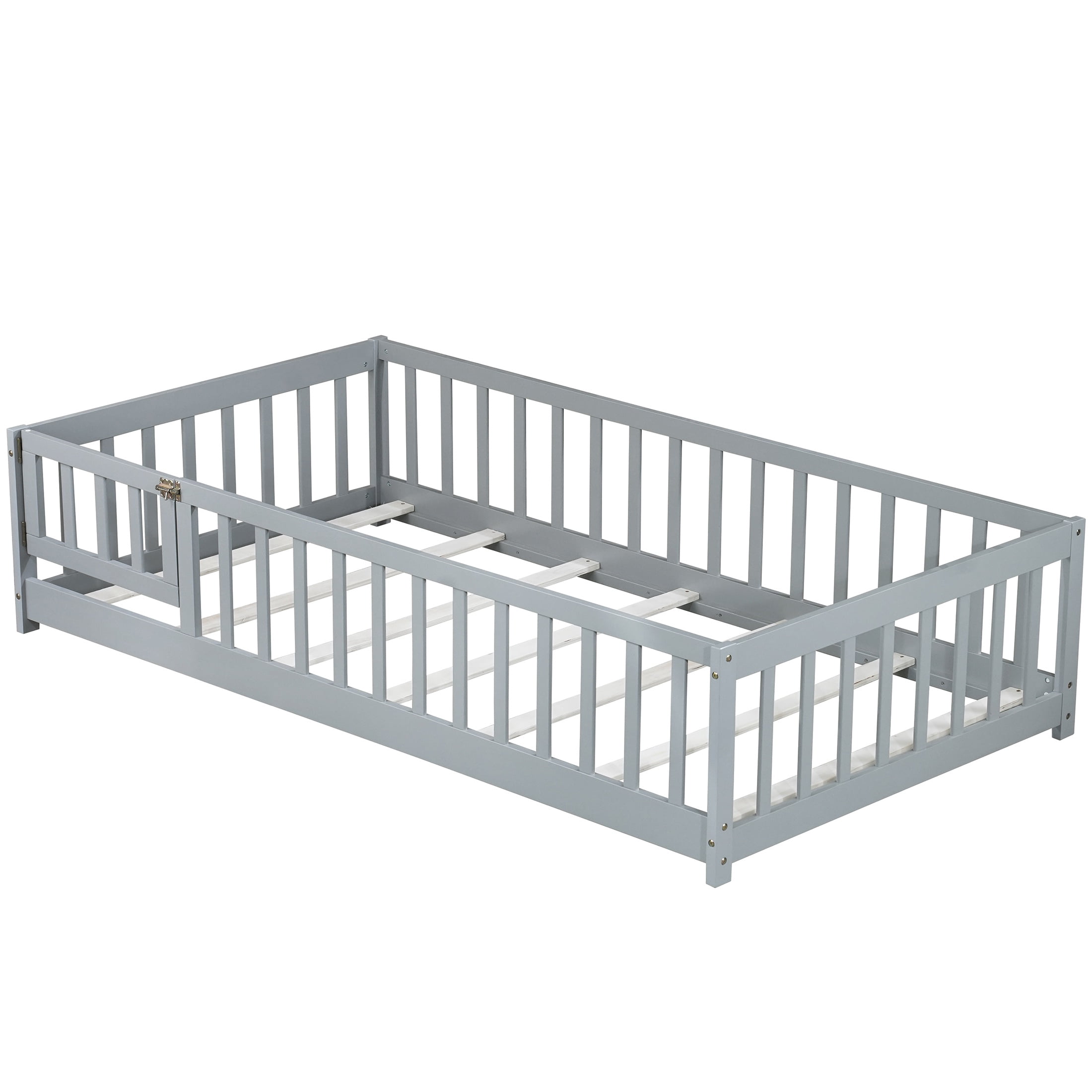 Sesslife Twin Size Floor Bed with Door and Fence, Wood Floor Platform Bed with Slats, Montessori Bed for Boys Girls, No Box Spring Needed, Grey