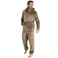 thumbnail image 6 of Men Flannel Pajamas Set Lightweight Soft Winter Warm Cozy Pjs Sleepwear Long Sleeve Pullover Hooded Lounge Pants Loungewear with Kangaroo Pocket (Khaki, L), 6 of 9