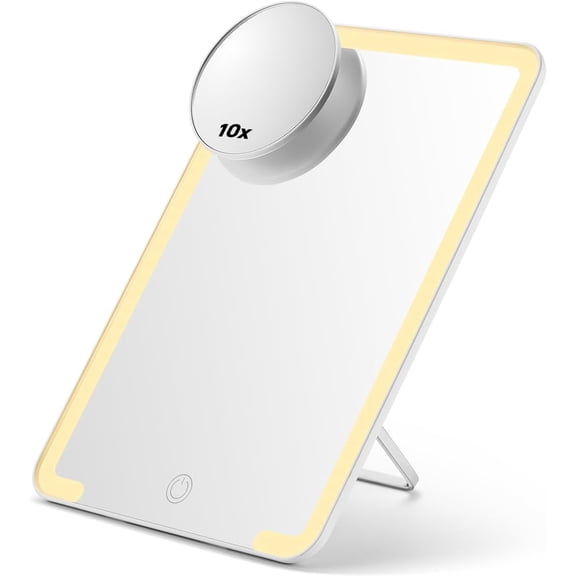 OMIRO 10'' x 7'' White Lighted Vanity Mirror with 10X Magnifier, Adjustable Stand, 3 Lighting Modes for Makeup, Shaving and Travel