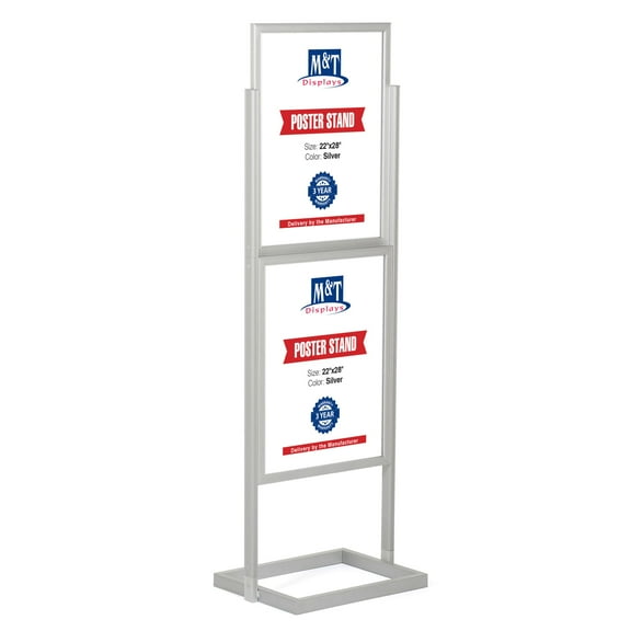 M&T Displays Metal Eco Info Board Silver 22x28 Inches Slide-In Poster Sign Holder 2 Tier Double Sided Floor Standing Pedestal Advertising Display with Backing and Anti-Glare PET Cover