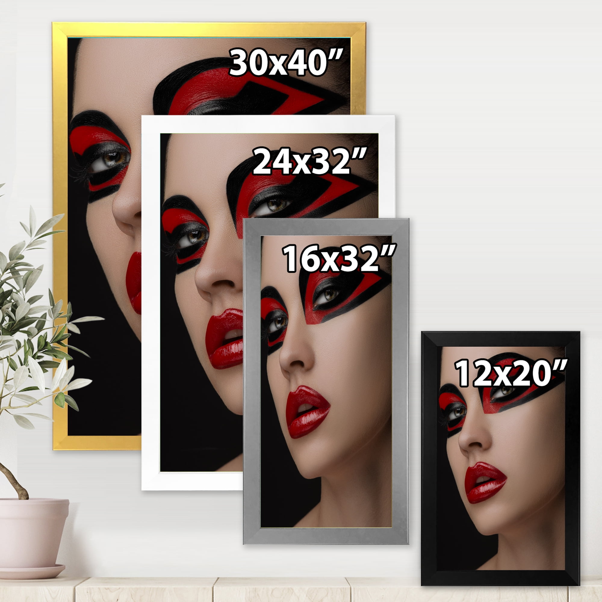 Designart 'Red Lips Black Makeup On The Eyes of Mask Girl' Modern Framed Art Print