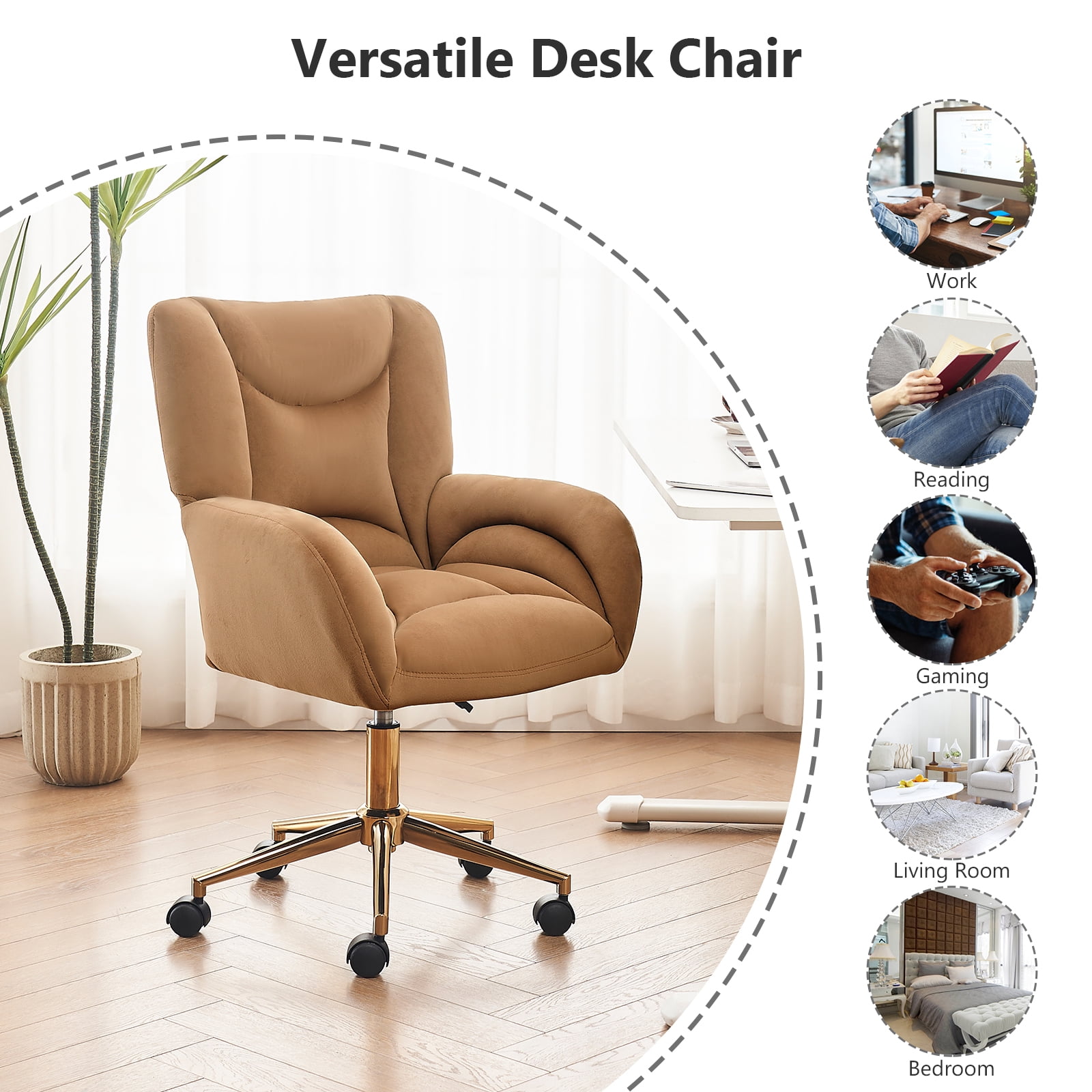 Desk Chair with Wheels and Arms Velvet Comfortable Desk Chair for Home Office Height Adjustable Vanity Chair Modern Task Chair Computer Desk Chair Coffee