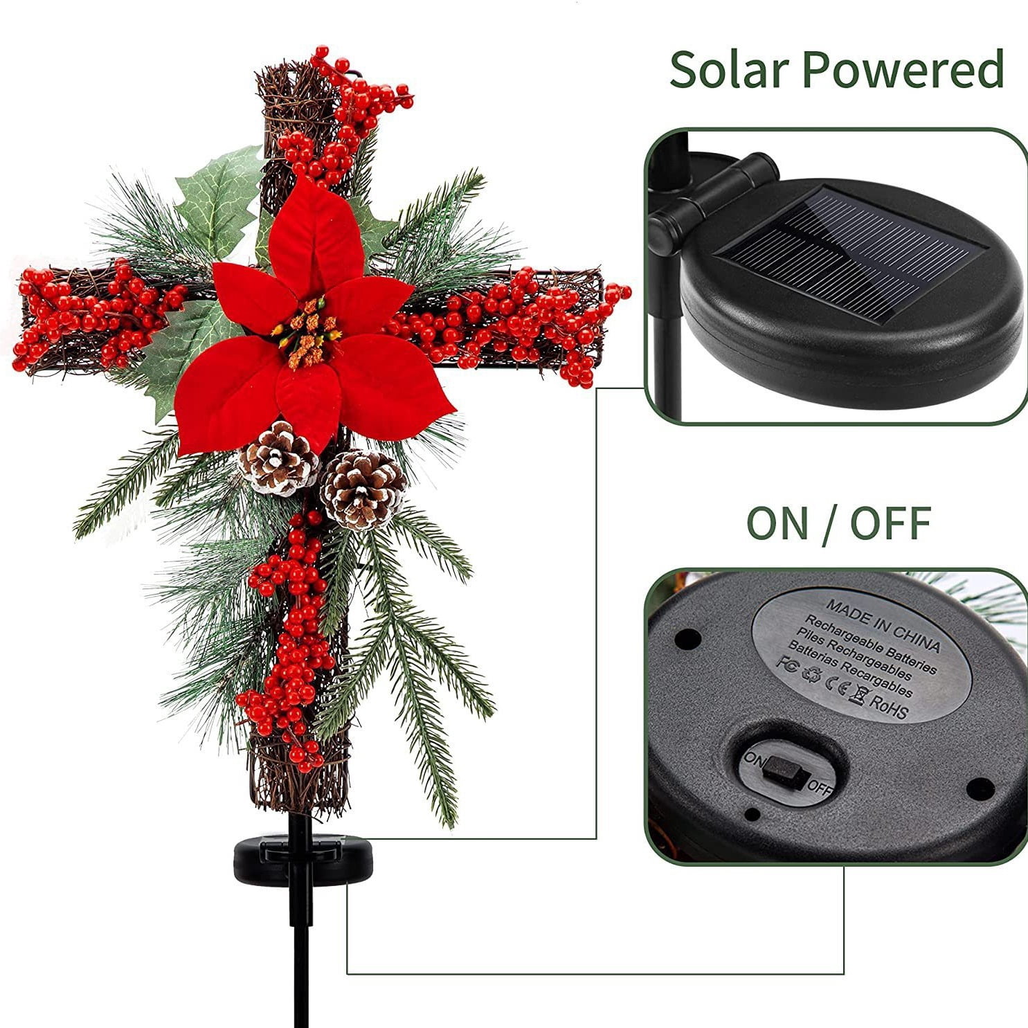 Dalrosia Outdoor Solar Lights Christmas Decorations, Cross Stake Lights with Faux Poinsettia Pine Cones Red Berries and Foliage for Garden Patio Grave