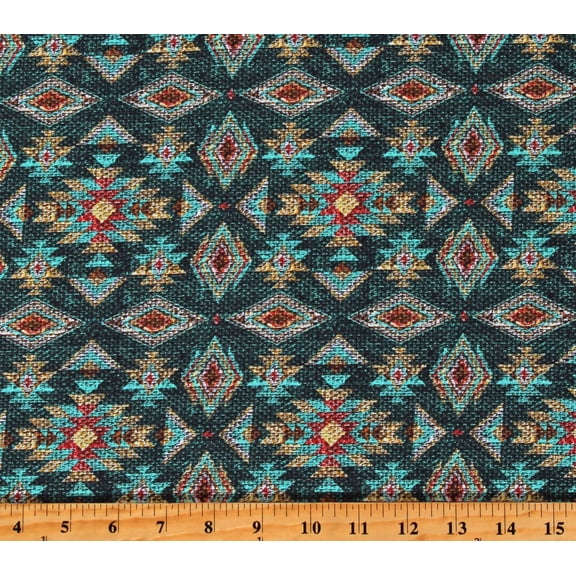 Cotton Cattle Drive Indi Teal Southwestern Tribal Geometric Diamonds Cotton Fabric Print by the Yard (OA595062)