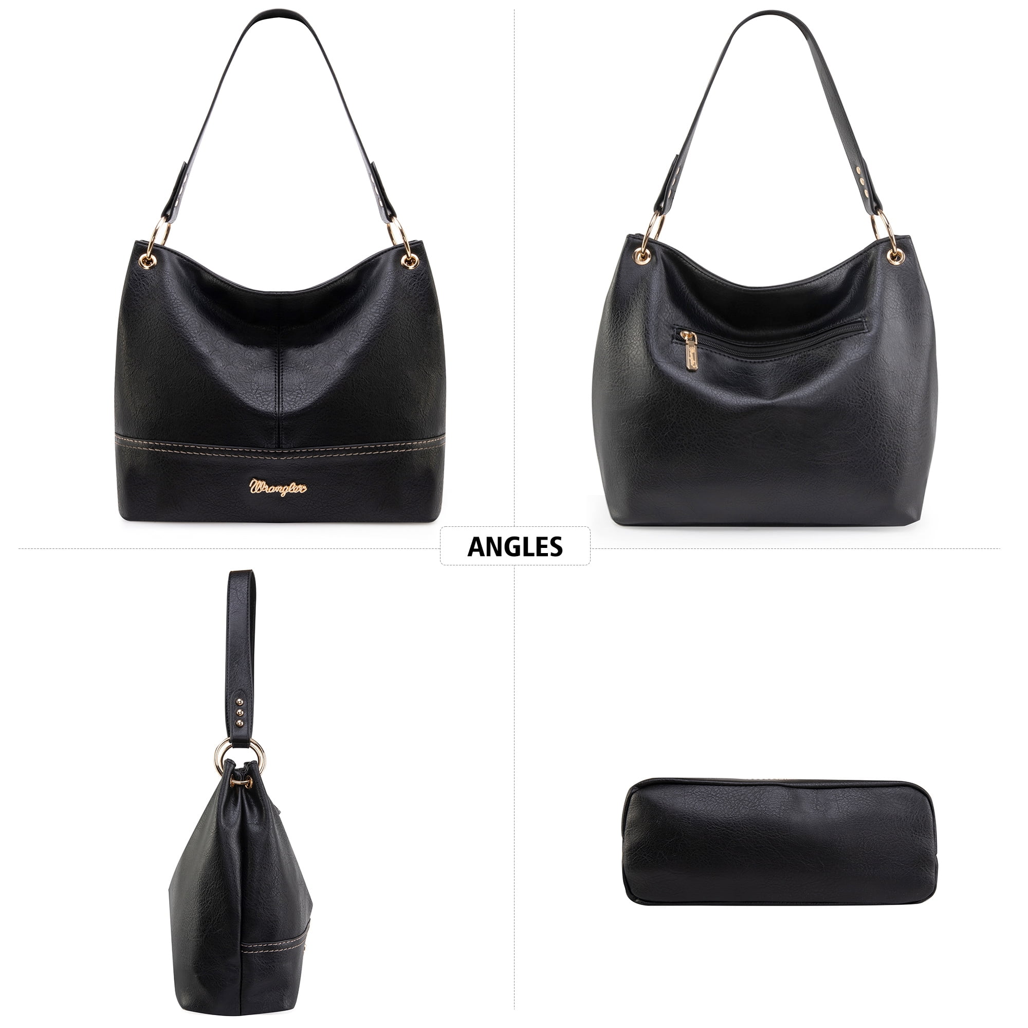 Wrangler Hobo Bags for Women Leather Tote Bag Shoulder Bag Top Handle Satchel Purses and Handbags, Solid Black