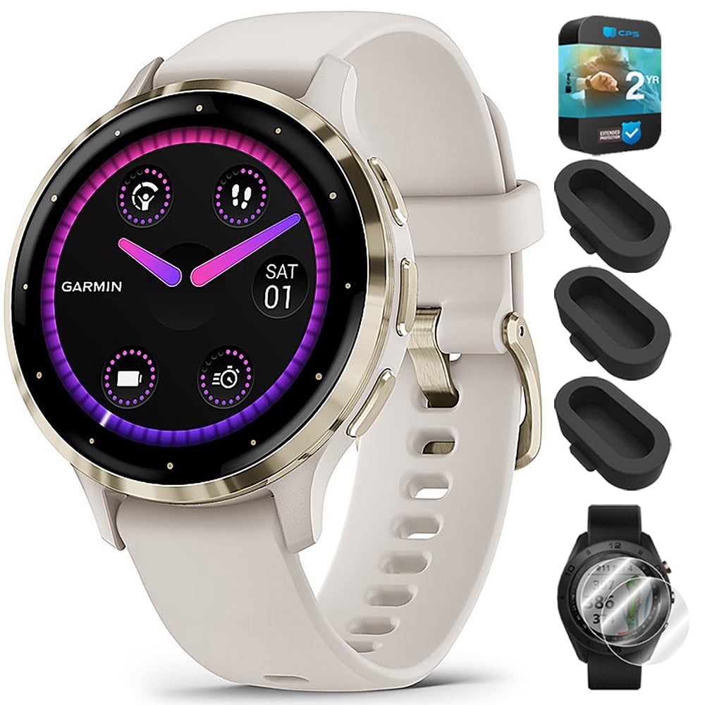 Garmin 010-02785-04 Venu 3S Health Fitness GPS Smartwatch Gold Steel Bezel with Ivory Case 41mm Bundle with Dust Cover 3 Pack, 2-Pack Screen Protector and 2 YR CPS Enhanced Protection Pack