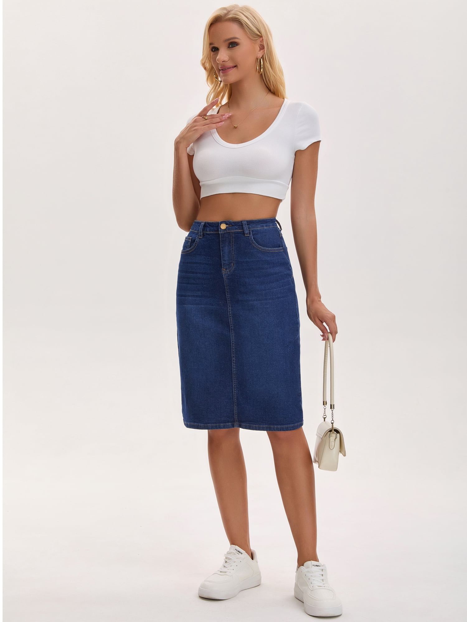 DARING DIVA Women's Jean Back Slit Stretch Below Knee Length Denim Skirts M Dark Blue