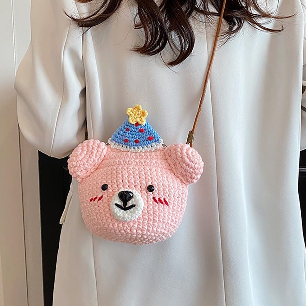 Baguery Handmade Crochet Party Hat Bear Crossbody Bag - Cute Knitted Animal Purse with Metal Frame, Mini Shoulder Bag for Women