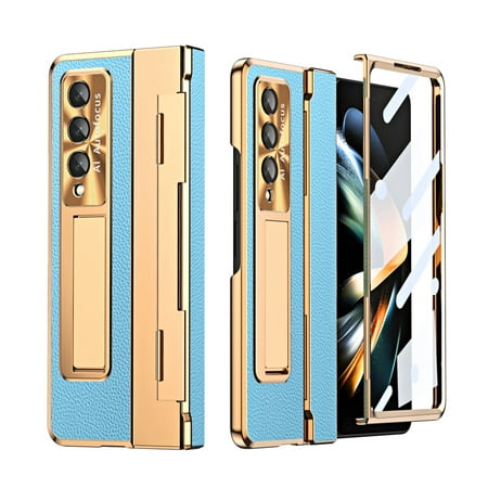 Dteck for Samsung Galaxy Z Fold 4 Case with Screen Protector, Hinge Protection Case Full Body PC Protective Phone Case with Kickstand for Samsung Galaxy Z Fold4 5G,Gold+Blue