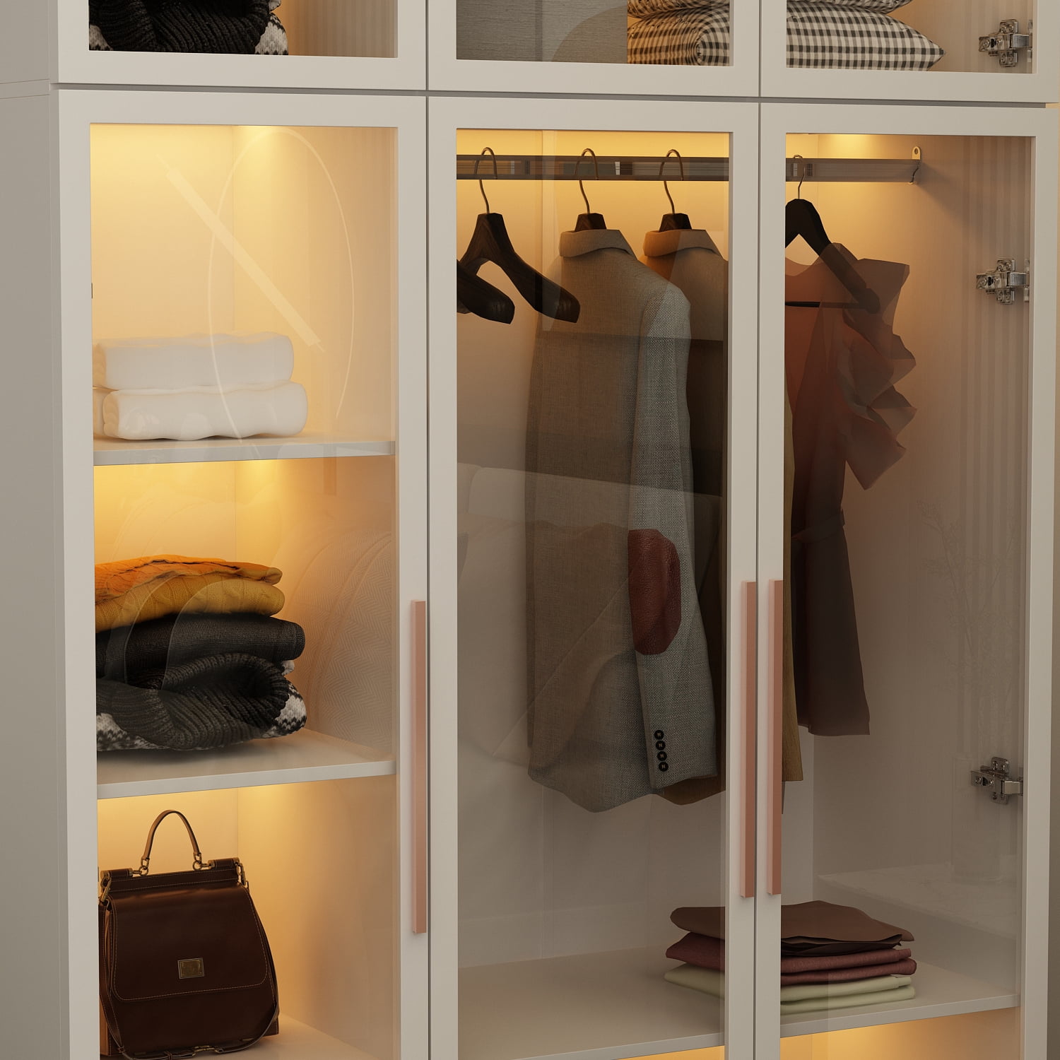WIAWG Bedroom Wardrobe with Lights, Armoires Closet Storage Cabinet with Hanging Rod and Glass Doors, White