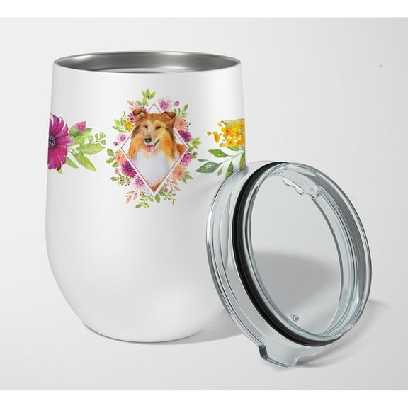 Carolines Treasures CK4182TBL12 Sheltie Shetland Sheepdog Pink Flowers Stainless Steel 12 oz Stemless Wine Glass 12 oz